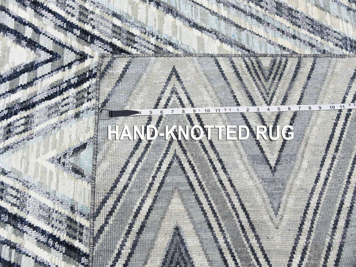 4'2" x 12'4" New Hand Knotted Grey Wool & Silk Runner Oriental Rug - MOA10275030