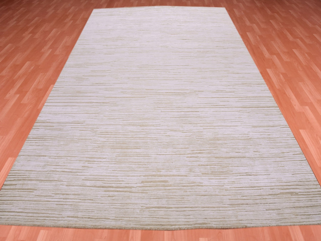 9'1" x 12'0" New Hand Knotted Ivory Wool & Silk Rectangle Oriental Rug - MOA10275038