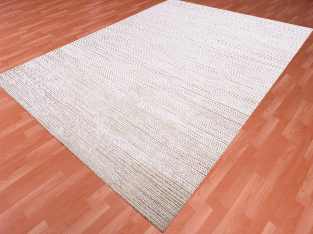 9'1" x 12'0" New Hand Knotted Ivory Wool & Silk Rectangle Oriental Rug - MOA10275038