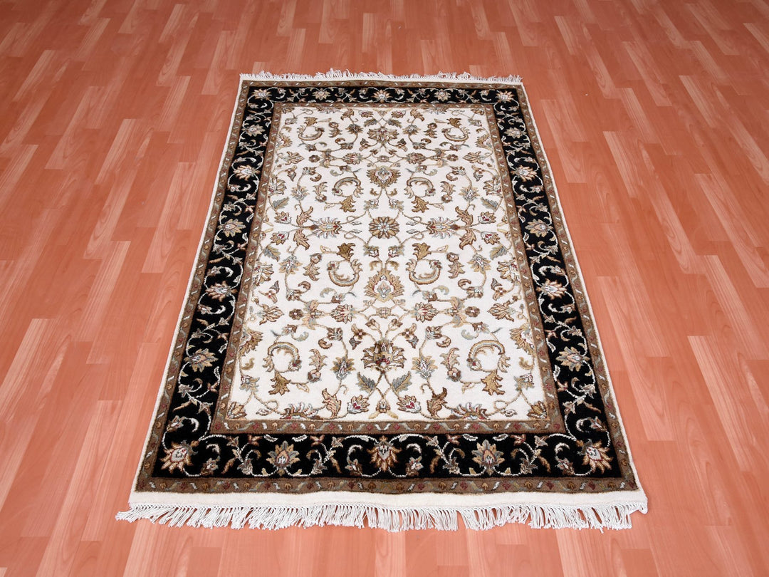 4'1" x 6'0" New Hand Knotted Ivory Wool & Silk Rectangle Oriental Rug - MOA10275046