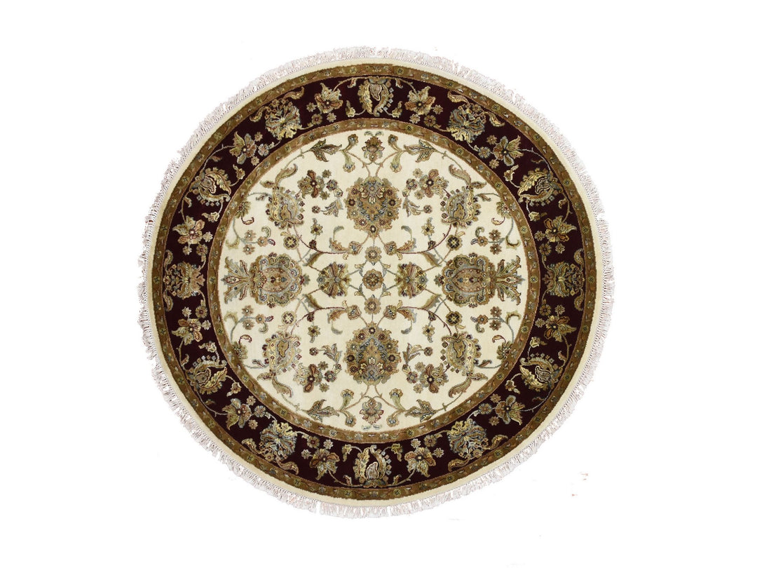 6'0" x 6'1" New Hand Knotted Ivory Wool & Silk Round Oriental Rug - MOA10275063