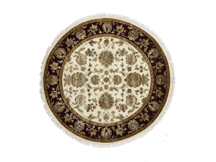 6'0" x 6'1" New Hand Knotted Ivory Wool & Silk Round Oriental Rug - MOA10275063