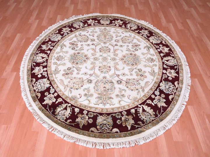 6'0" x 6'1" New Hand Knotted Ivory Wool & Silk Round Oriental Rug - MOA10275063