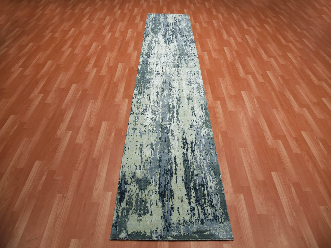 2'8" x 12'2" New Hand Knotted Grey Wool & Silk Runner Oriental Rug - MOA10275075