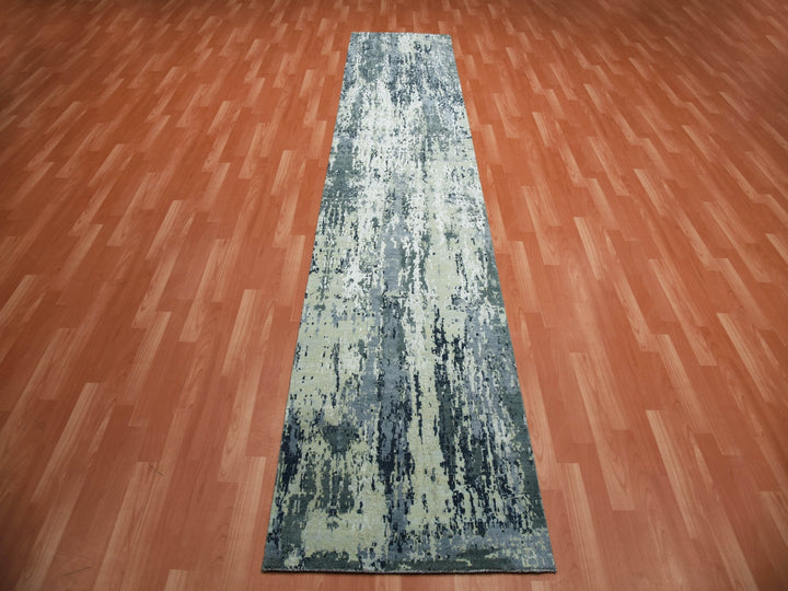 2'8" x 12'2" New Hand Knotted Grey Wool & Silk Runner Oriental Rug - MOA10275075