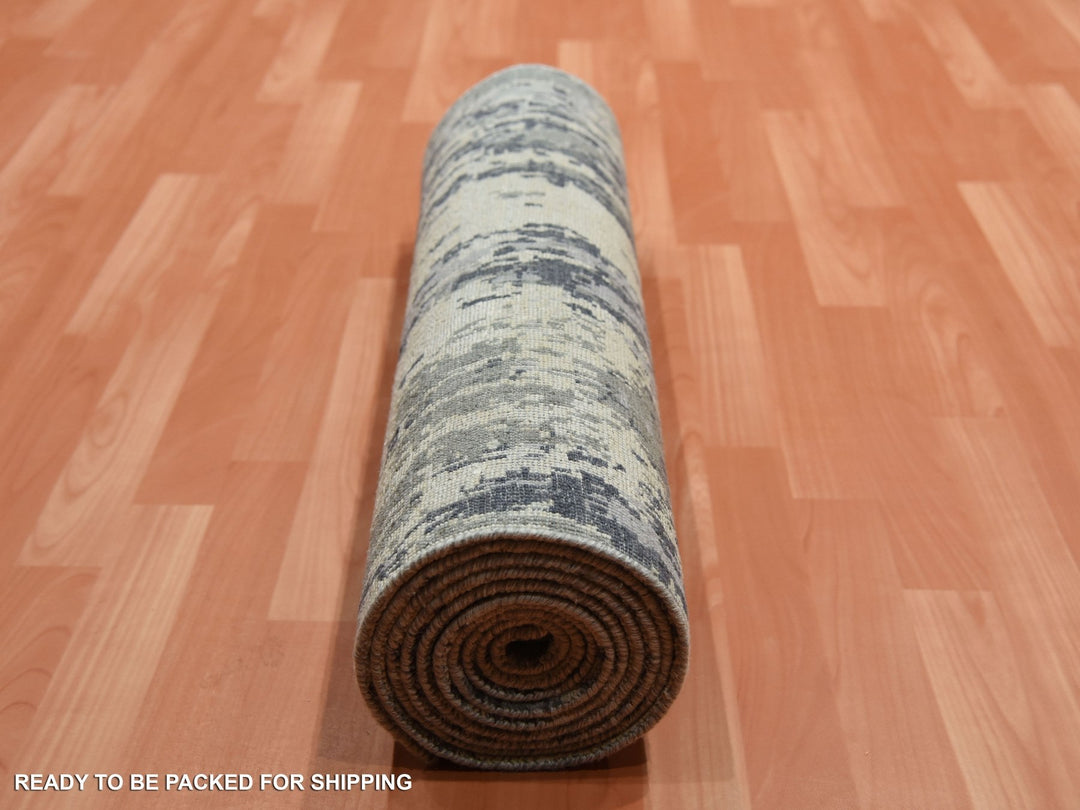 2'8" x 12'2" New Hand Knotted Grey Wool & Silk Runner Oriental Rug - MOA10275075