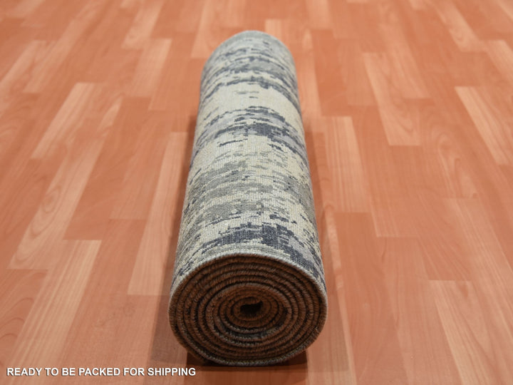 2'8" x 12'2" New Hand Knotted Grey Wool & Silk Runner Oriental Rug - MOA10275075