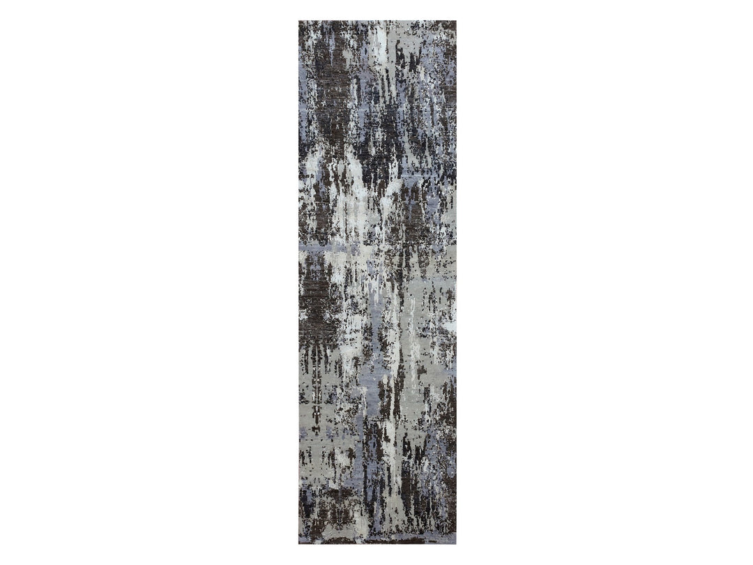 2'6" x 8'3" New Hand Knotted Grey Wool & Silk Runner Oriental Rug - MOA10275079