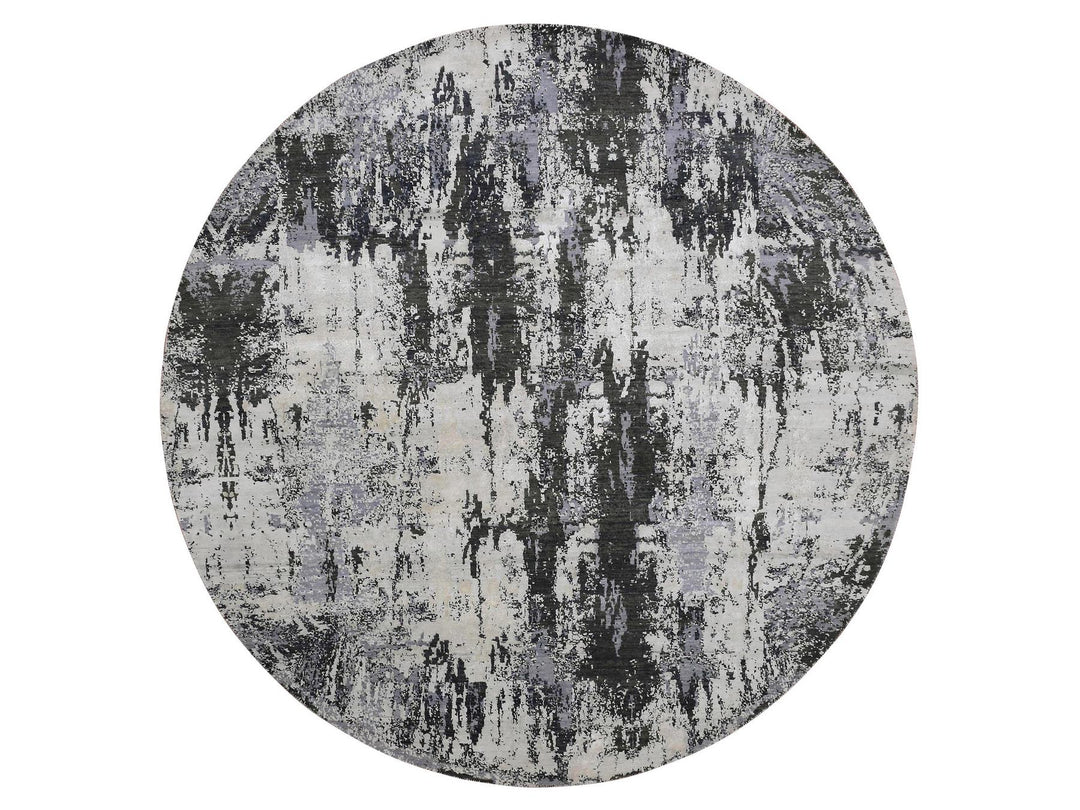 8'2" x 8'2" New Hand Knotted Grey Wool & Silk Round Oriental Rug - MOA10275087