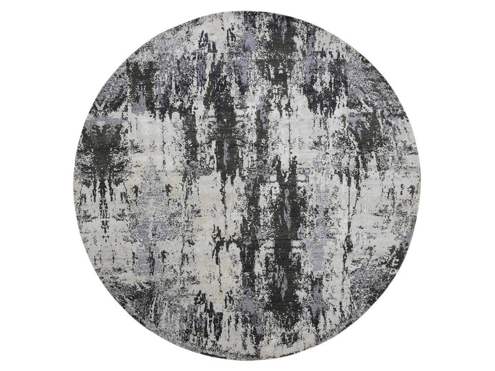 8'2" x 8'2" New Hand Knotted Grey Wool & Silk Round Oriental Rug - MOA10275087