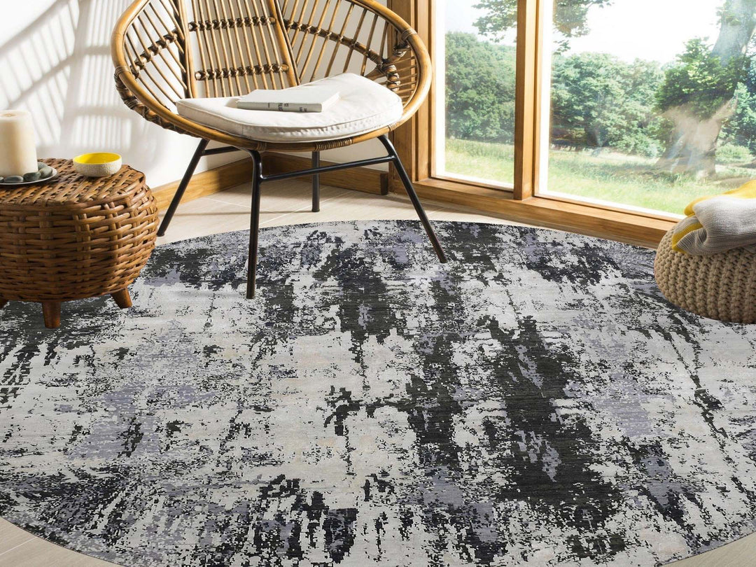 8'2" x 8'2" New Hand Knotted Grey Wool & Silk Round Oriental Rug - MOA10275087