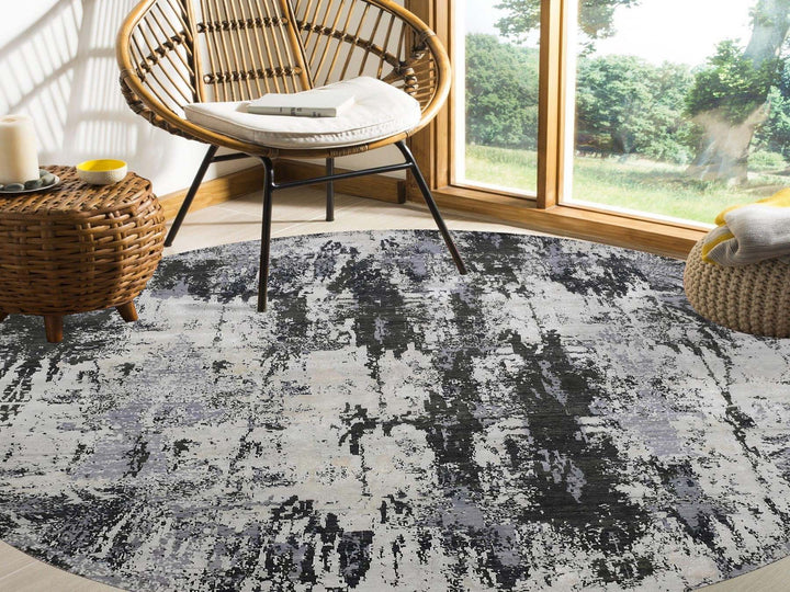 8'2" x 8'2" New Hand Knotted Grey Wool & Silk Round Oriental Rug - MOA10275087
