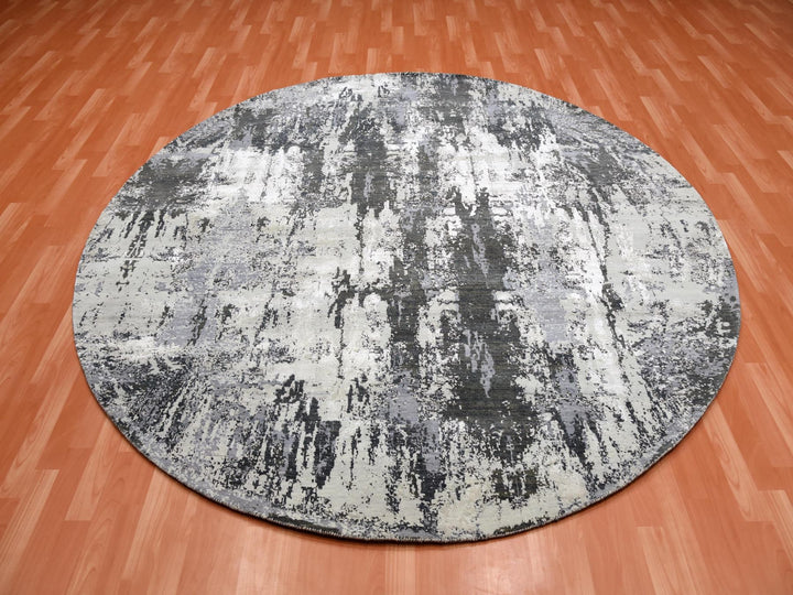 8'2" x 8'2" New Hand Knotted Grey Wool & Silk Round Oriental Rug - MOA10275087
