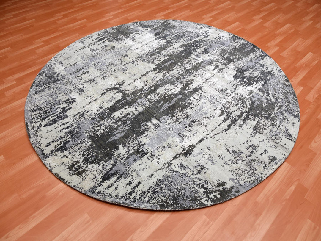 8'2" x 8'2" New Hand Knotted Grey Wool & Silk Round Oriental Rug - MOA10275087
