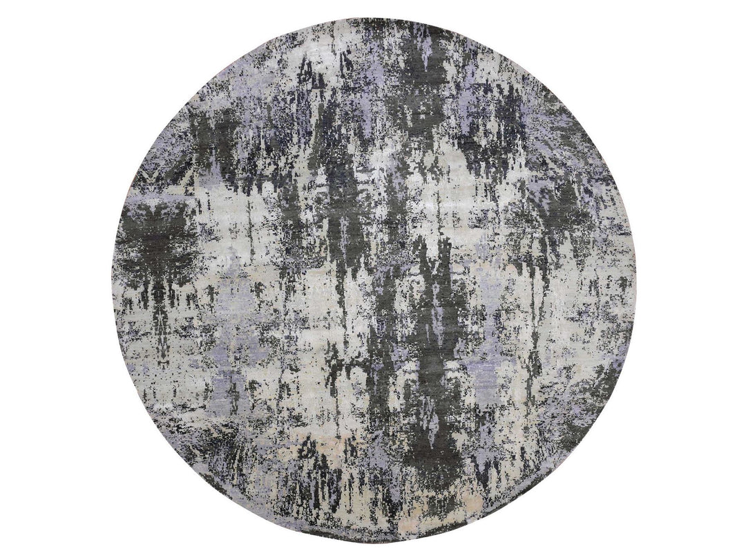 10'0" x 10'0" New Hand Knotted Grey Wool & Silk Round Oriental Rug - MOA10275088