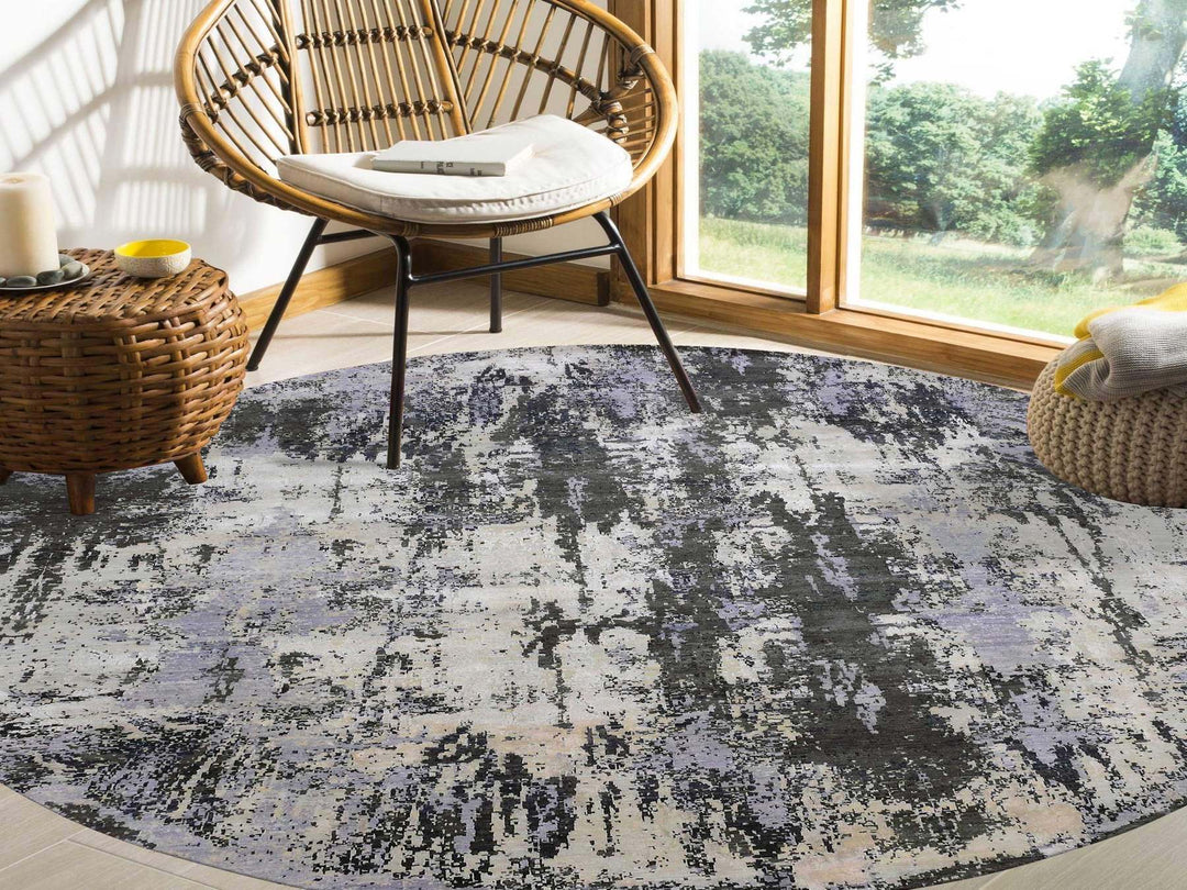 10'0" x 10'0" New Hand Knotted Grey Wool & Silk Round Oriental Rug - MOA10275088