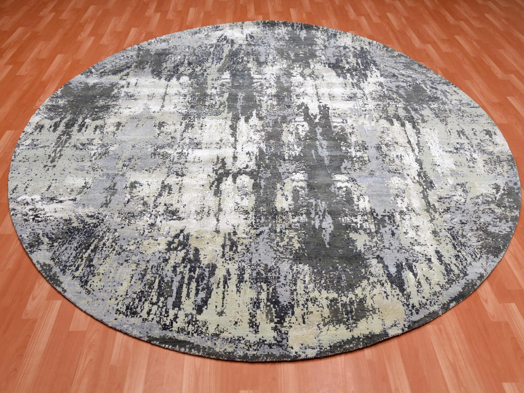 10'0" x 10'0" New Hand Knotted Grey Wool & Silk Round Oriental Rug - MOA10275088