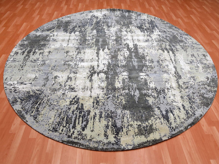 10'0" x 10'0" New Hand Knotted Grey Wool & Silk Round Oriental Rug - MOA10275088