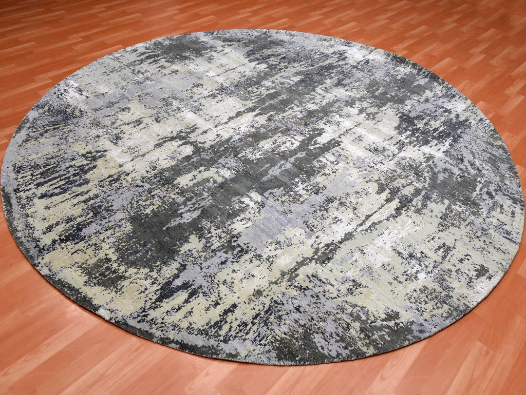10'0" x 10'0" New Hand Knotted Grey Wool & Silk Round Oriental Rug - MOA10275088