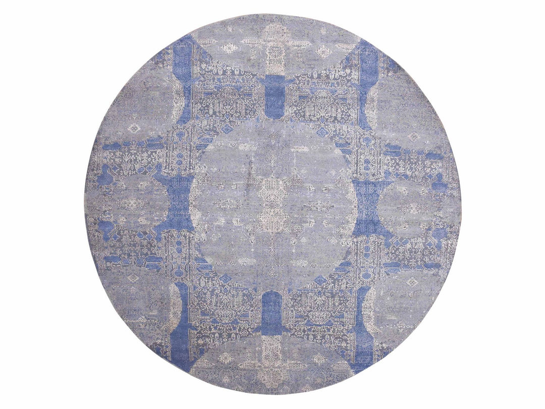 10'0" x 10'1" New Hand Knotted Blue Wool & Pure Silk Round Oriental Rug - MOA10275089