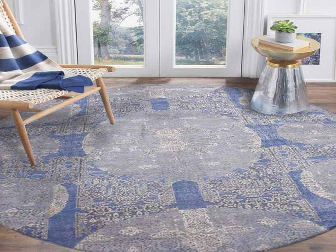 10'0" x 10'1" New Hand Knotted Blue Wool & Pure Silk Round Oriental Rug - MOA10275089