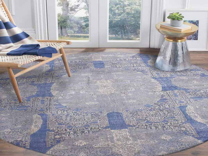 10'0" x 10'1" New Hand Knotted Blue Wool & Pure Silk Round Oriental Rug - MOA10275089