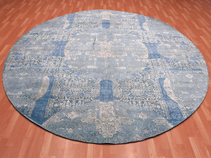 10'0" x 10'1" New Hand Knotted Blue Wool & Pure Silk Round Oriental Rug - MOA10275089