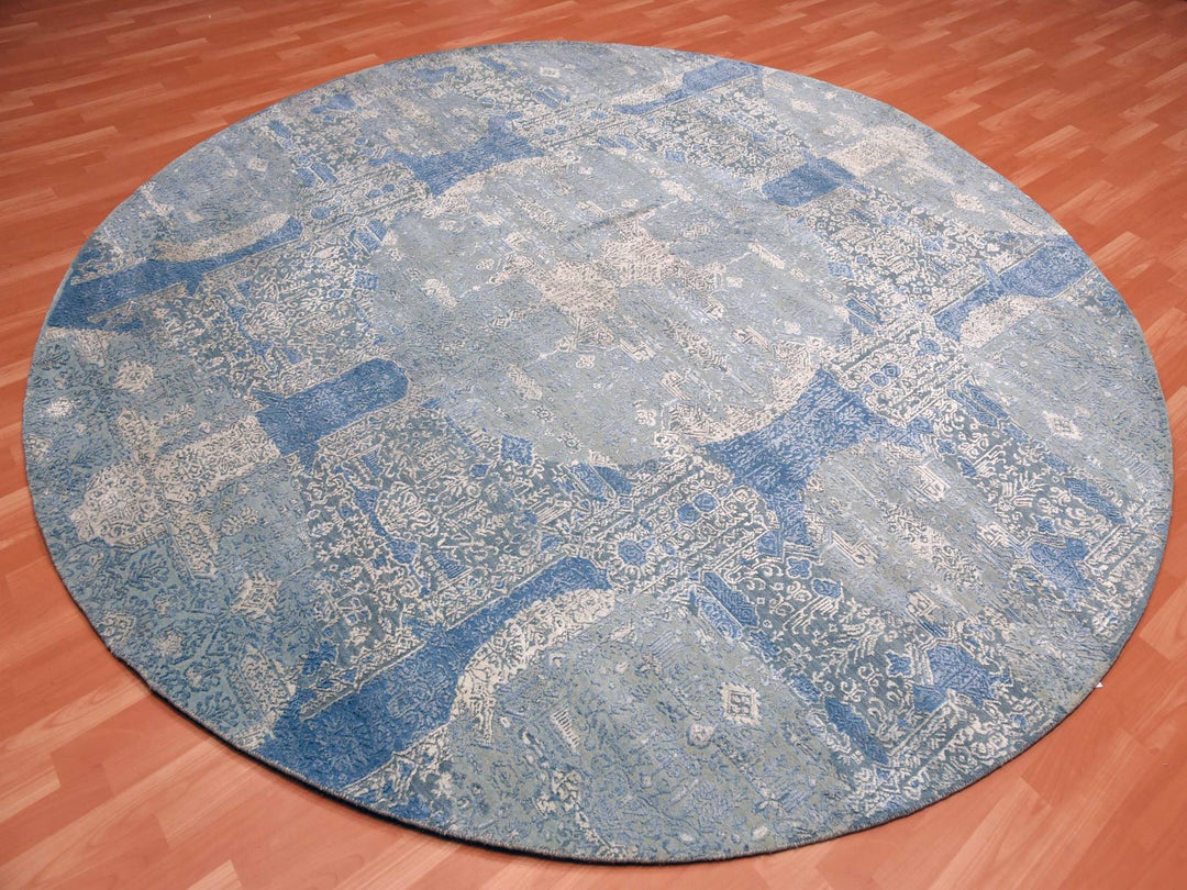 10'0" x 10'1" New Hand Knotted Blue Wool & Pure Silk Round Oriental Rug - MOA10275089