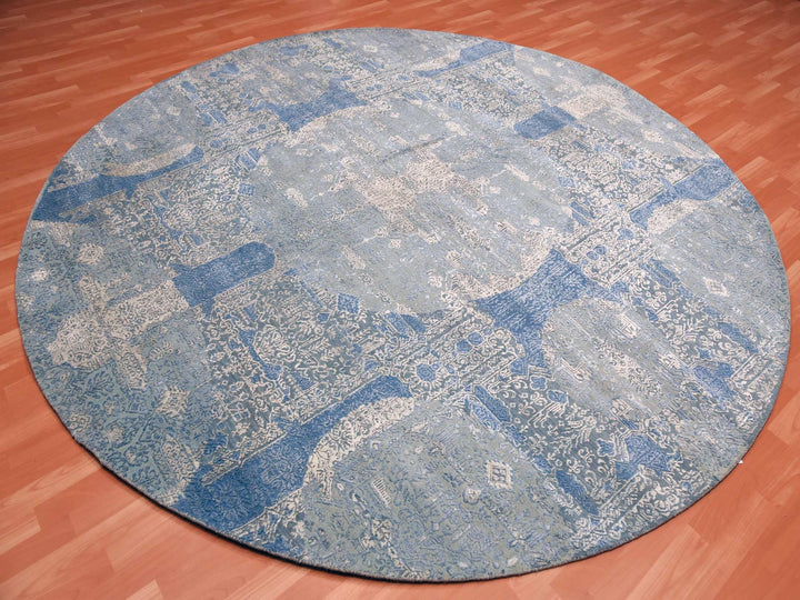 10'0" x 10'1" New Hand Knotted Blue Wool & Pure Silk Round Oriental Rug - MOA10275089
