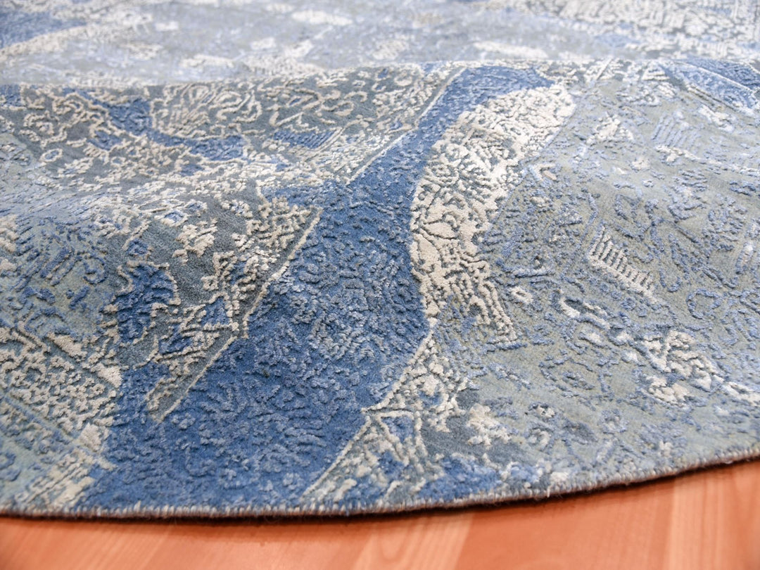 10'0" x 10'1" New Hand Knotted Blue Wool & Pure Silk Round Oriental Rug - MOA10275089