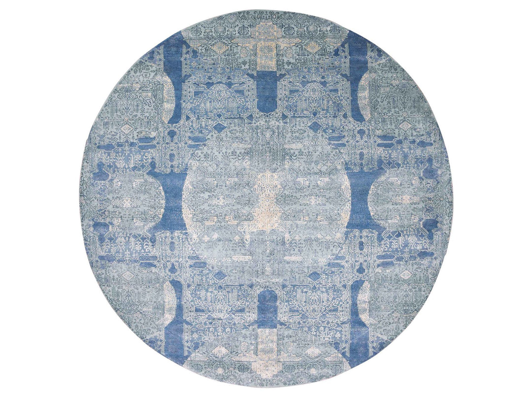 12'0" x 12'1" New Hand Knotted Blue Wool & Pure Silk Round Oriental Rug - MOA10275090