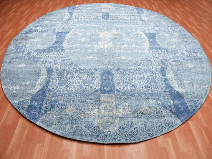 12'0" x 12'1" New Hand Knotted Blue Wool & Pure Silk Round Oriental Rug - MOA10275090