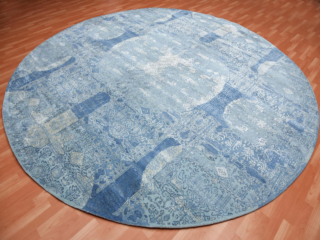 12'0" x 12'1" New Hand Knotted Blue Wool & Pure Silk Round Oriental Rug - MOA10275090