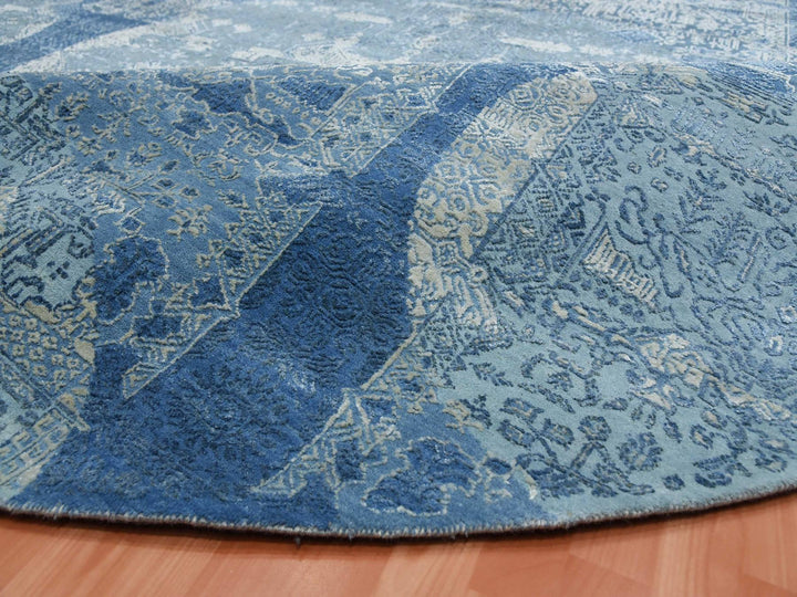 12'0" x 12'1" New Hand Knotted Blue Wool & Pure Silk Round Oriental Rug - MOA10275090