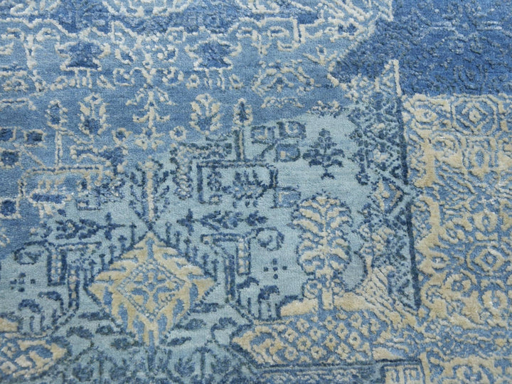12'0" x 12'1" New Hand Knotted Blue Wool & Pure Silk Round Oriental Rug - MOA10275090