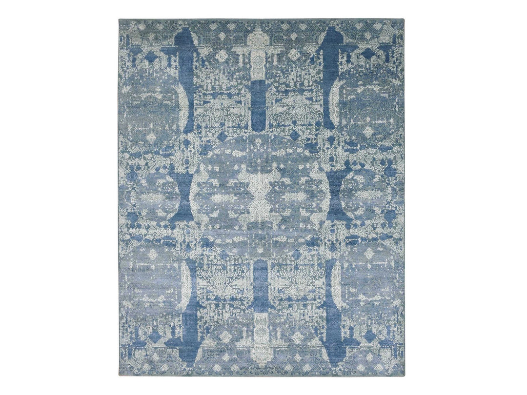 7'10" x 10'0" New Hand Knotted Blue Wool & Pure Silk Rectangle Oriental Rug - MOA10275092
