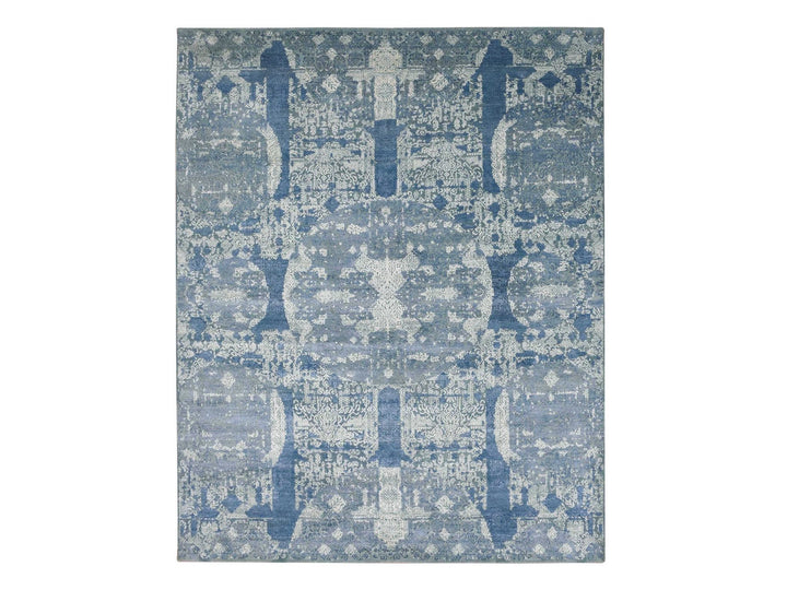 7'10" x 10'0" New Hand Knotted Blue Wool & Pure Silk Rectangle Oriental Rug - MOA10275092