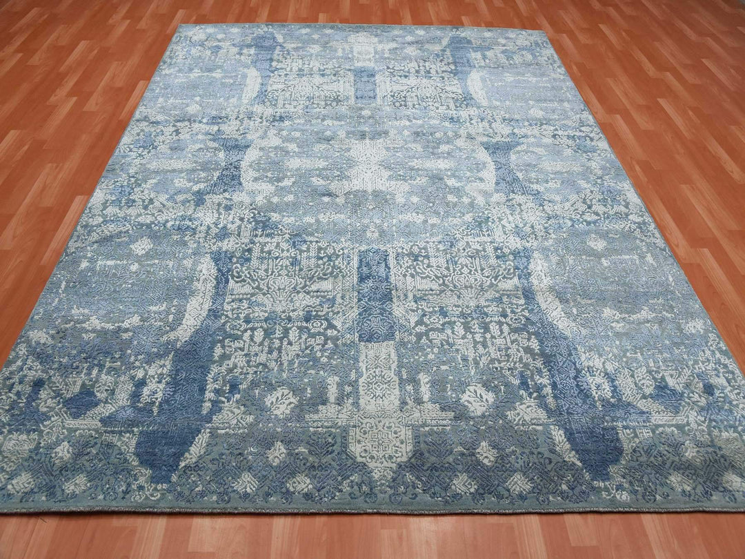 7'10" x 10'0" New Hand Knotted Blue Wool & Pure Silk Rectangle Oriental Rug - MOA10275092