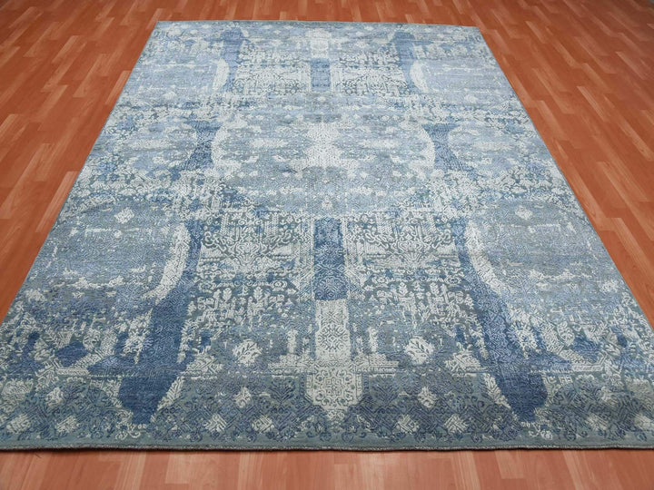 7'10" x 10'0" New Hand Knotted Blue Wool & Pure Silk Rectangle Oriental Rug - MOA10275092