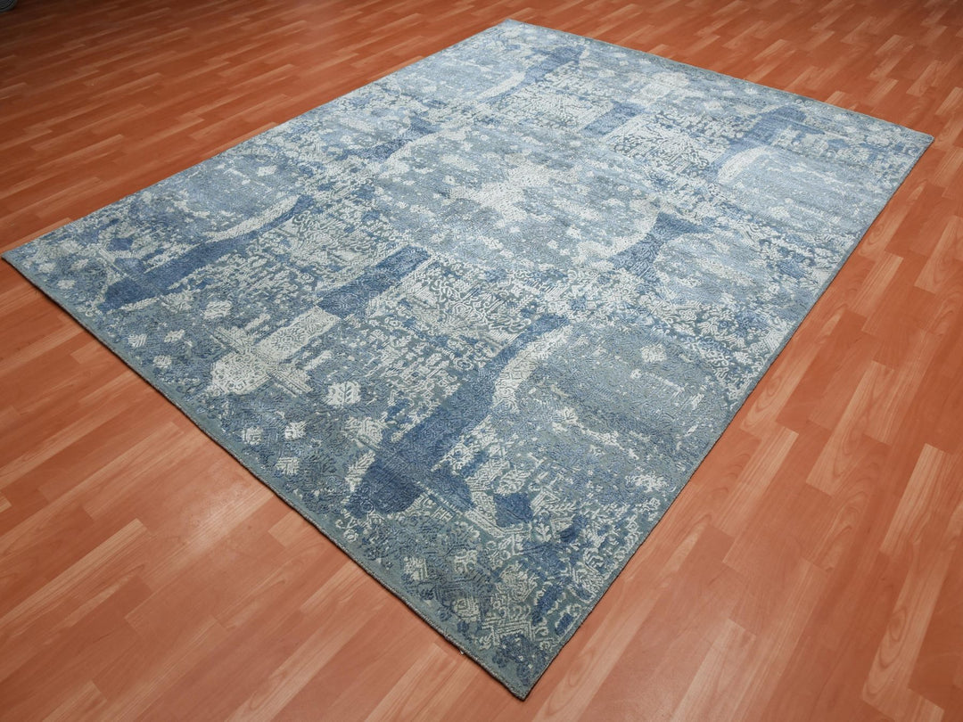 7'10" x 10'0" New Hand Knotted Blue Wool & Pure Silk Rectangle Oriental Rug - MOA10275092