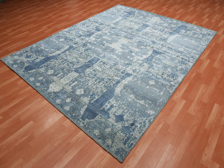 7'10" x 10'0" New Hand Knotted Blue Wool & Pure Silk Rectangle Oriental Rug - MOA10275092