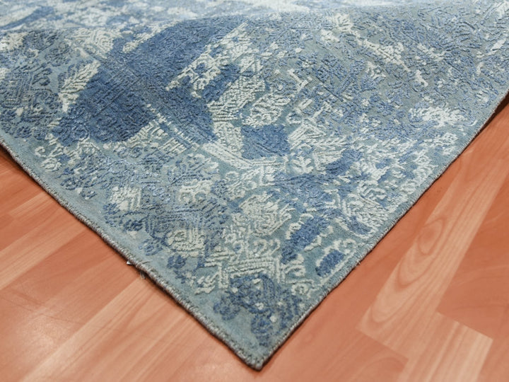 7'10" x 10'0" New Hand Knotted Blue Wool & Pure Silk Rectangle Oriental Rug - MOA10275092