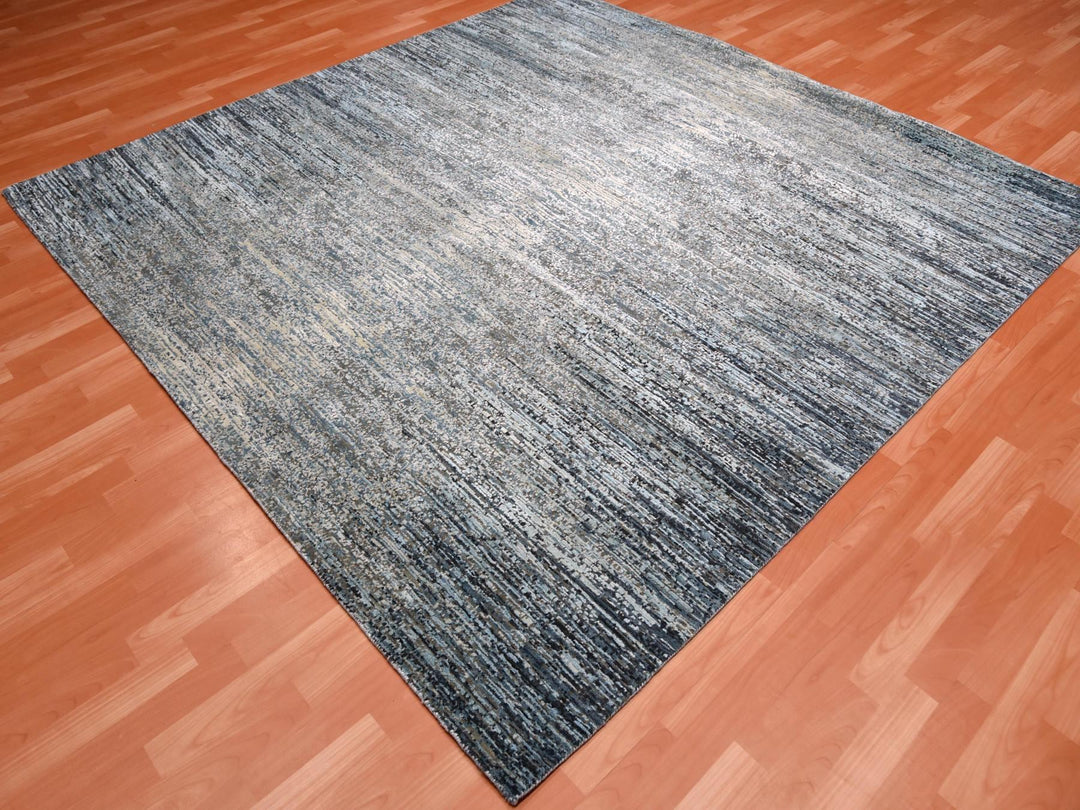 8'0" x 8'2" New Hand Knotted Grey Wool & Silk Square Oriental Rug - MOA10275098