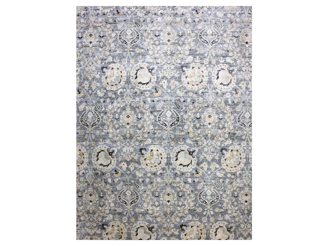 12'2" x 15'4" New Hand Knotted Grey Wool & Sari Silk Rectangle Oriental Rug - MOA10275117