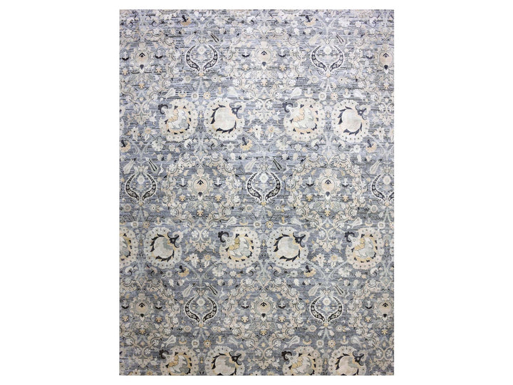 12'2" x 15'4" New Hand Knotted Grey Wool & Sari Silk Rectangle Oriental Rug - MOA10275117