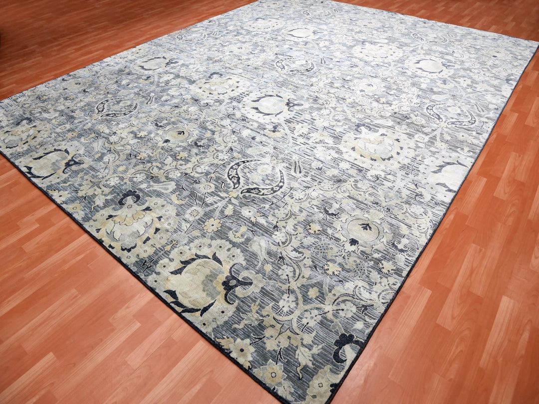 12'2" x 15'4" New Hand Knotted Grey Wool & Sari Silk Rectangle Oriental Rug - MOA10275117