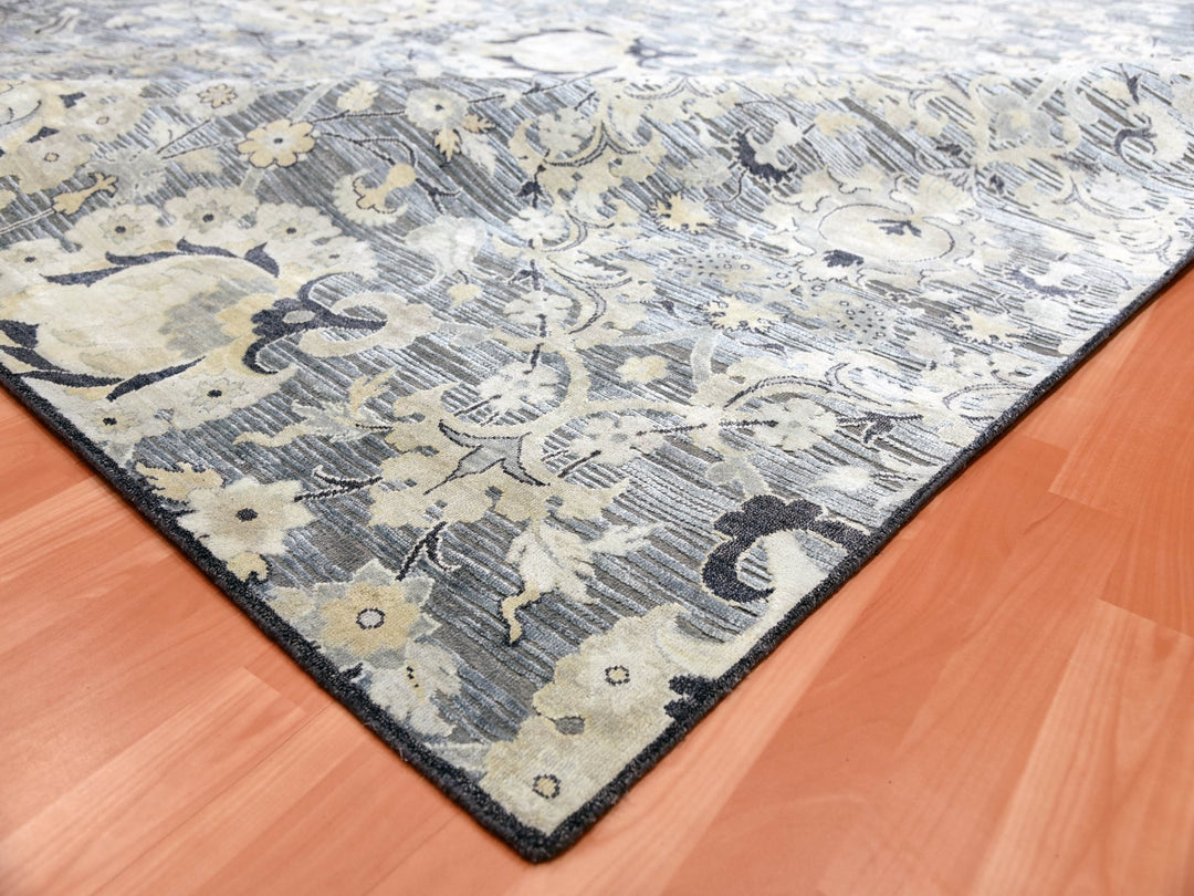 12'2" x 15'4" New Hand Knotted Grey Wool & Sari Silk Rectangle Oriental Rug - MOA10275117