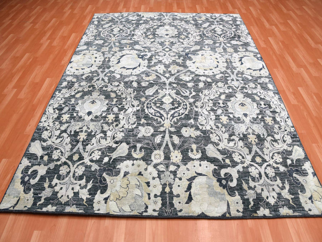 8'2" x 10'0" New Hand Knotted Blue Wool & Sari Silk Rectangle Oriental Rug - MOA10275121