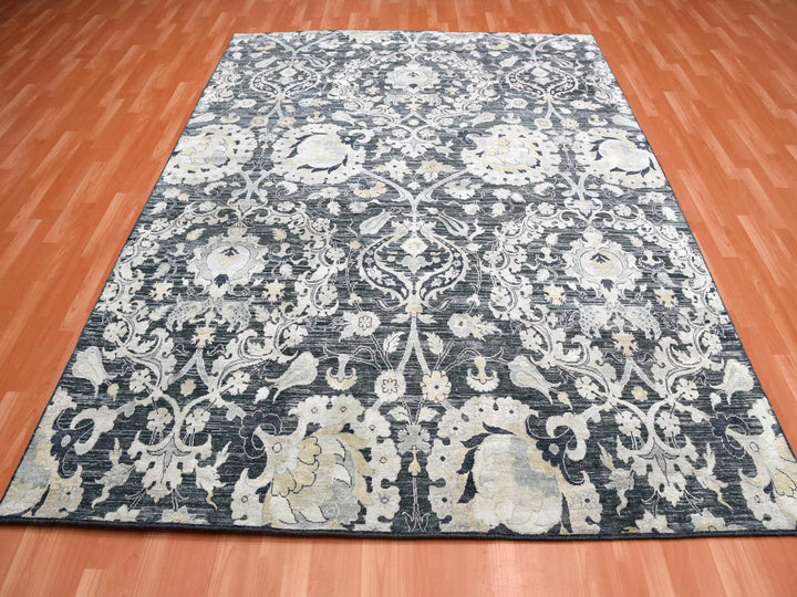 8'2" x 10'0" New Hand Knotted Blue Wool & Sari Silk Rectangle Oriental Rug - MOA10275121