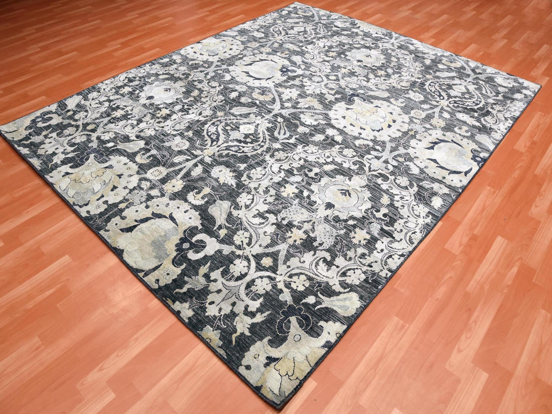 8'2" x 10'0" New Hand Knotted Blue Wool & Sari Silk Rectangle Oriental Rug - MOA10275121